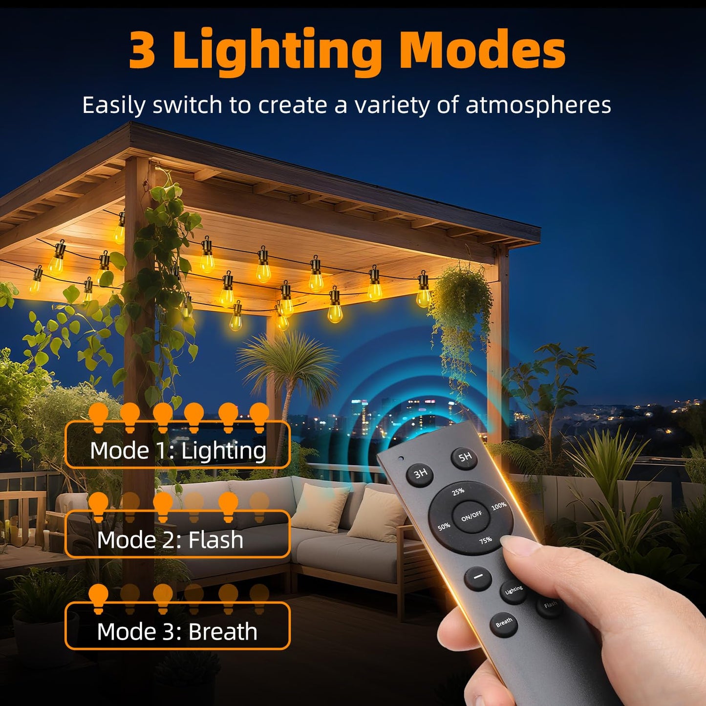VOZUJI Outdoor Patio String Lights: S14 Shatterproof Bulb Outside Waterproof Light - 50FT 15M Remote Dimmable Connectable Hanging Outdoor Electric