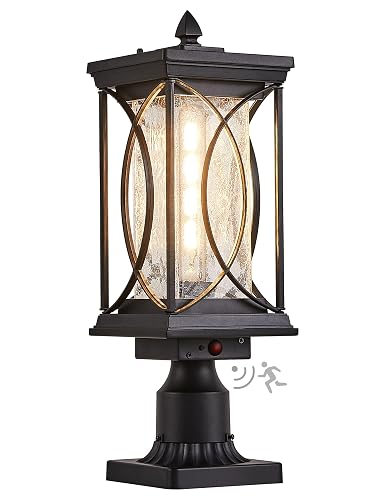 Delicavy Motion Outdoor Post Lantern Dusk to Dawn Pillar Lamp with 3 Inch Pier Mount Adapter, Black Pole Light Aluminum with Crackle Glass Motion