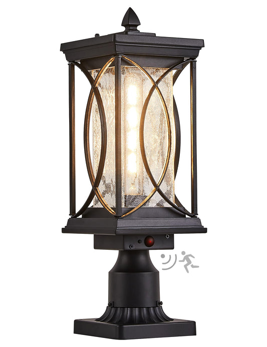 Delicavy Motion Outdoor Post Lantern Dusk to Dawn Pillar Lamp with 3 Inch Pier Mount Adapter, Black Pole Light Aluminum with Crackle Glass Motion