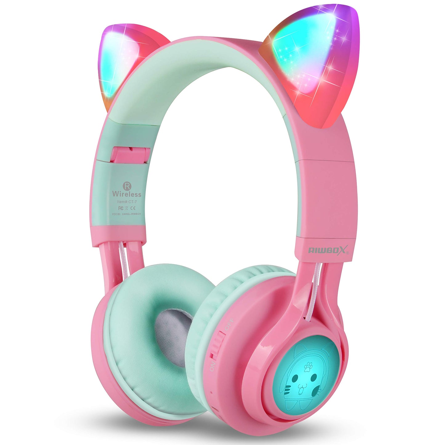 Riwbox CT-7 Cat Ear Kids Bluetooth Headphones, LED Light Up Bluetooth Wireless Over Ear Headphones with Microphone and Volume Control