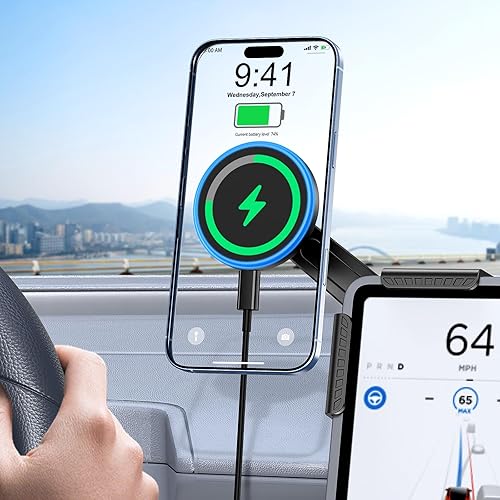Tesla Car Mount Charger, [Heat Restriction] [LED RGB HandsFree] Wireless Car Phone Holder Charger, Magnetic Phone Holders for Your Car for Tesla Model