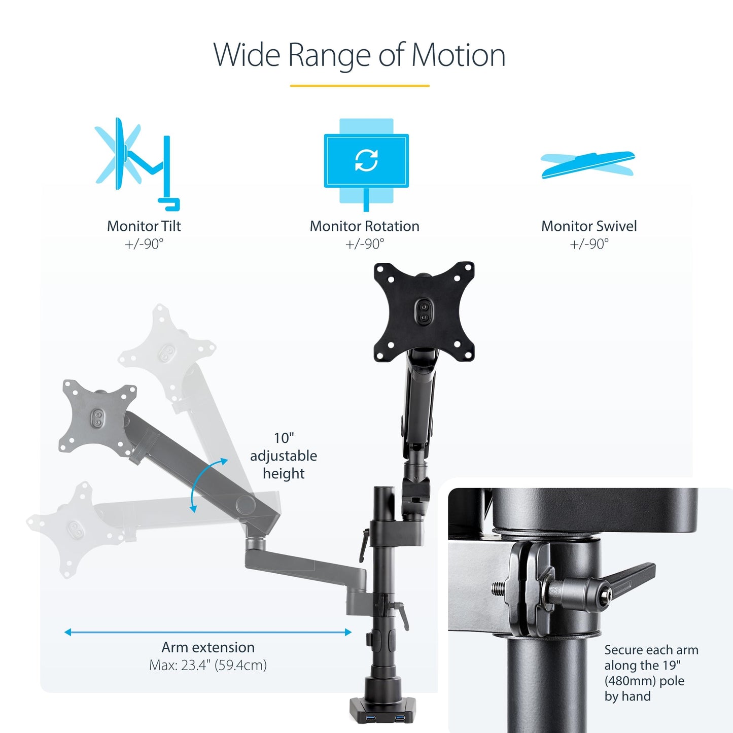 StarTech.com Desk Mount Monitor Arm w/ 2X USB 3.0 Ports for VESA Display up to 34" (17.6lb/8kg), C-Clamp/Grommet, Mechanical Spring