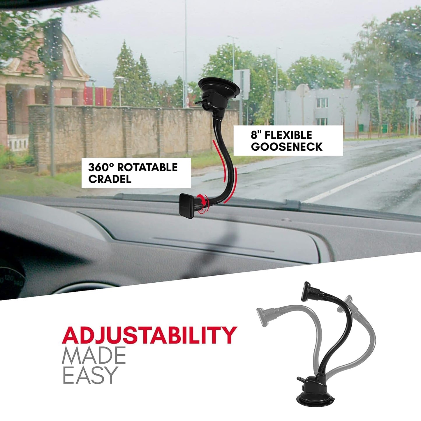 Macally Windshield Phone Mount for Car Magnetic - Suction Cup Window Mount Phone Holder with 8" Long Gooseneck Arm & Super Strong Magnet Mount