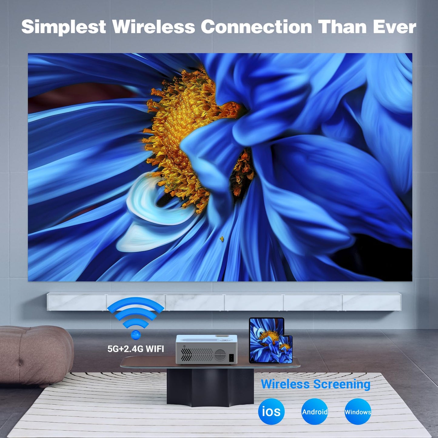 5G WiFi Bluetooth Movie Projector, Real Native 1080P Outdoor Projector for Home Theater Movies, Synchronize Smartphone, Compatible with USB/TV
