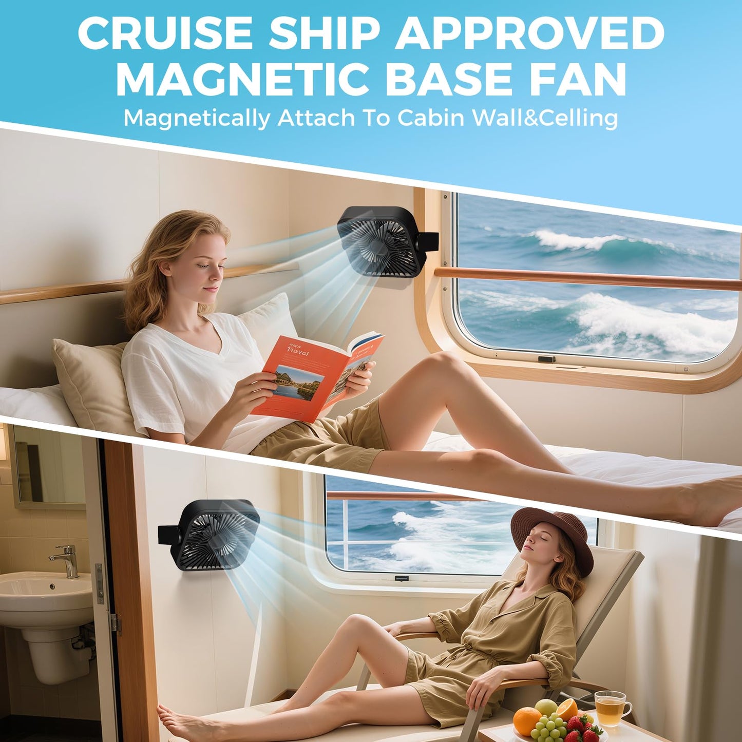 HYTWEDO Magnetic Cruise Approved Fan, 5000mAh Ultra-Slim Travel Fan Rechargeable, 5 Speeds, 270° Adjustable Portable Fan, Magnetically Sticks on Ship
