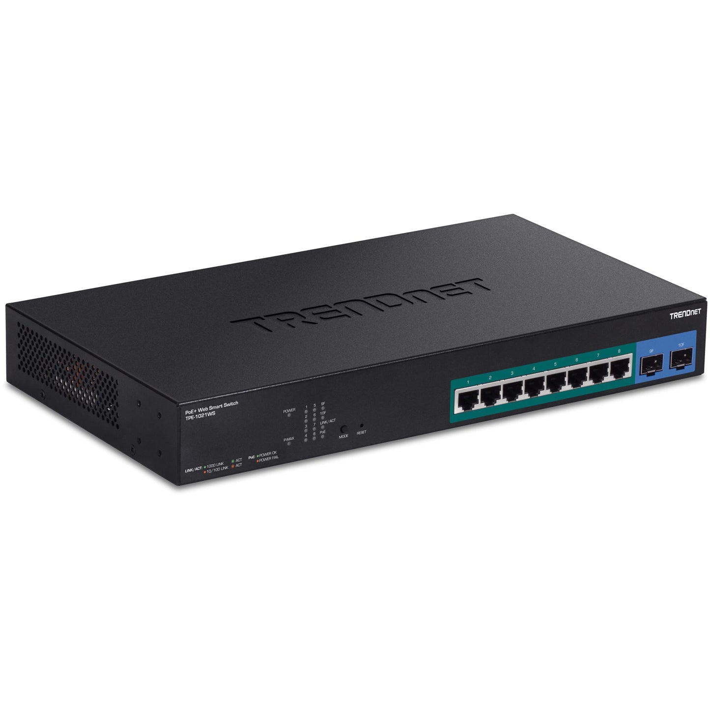 TRENDnet 10-Port Gigabit Web Smart PoE+ Switch with 8 Gigabit PoE+ Ports, 2 SFP Slots, 130W PoE Budget, VLAN, QoS, LACP, IPv4/IPv6 Static