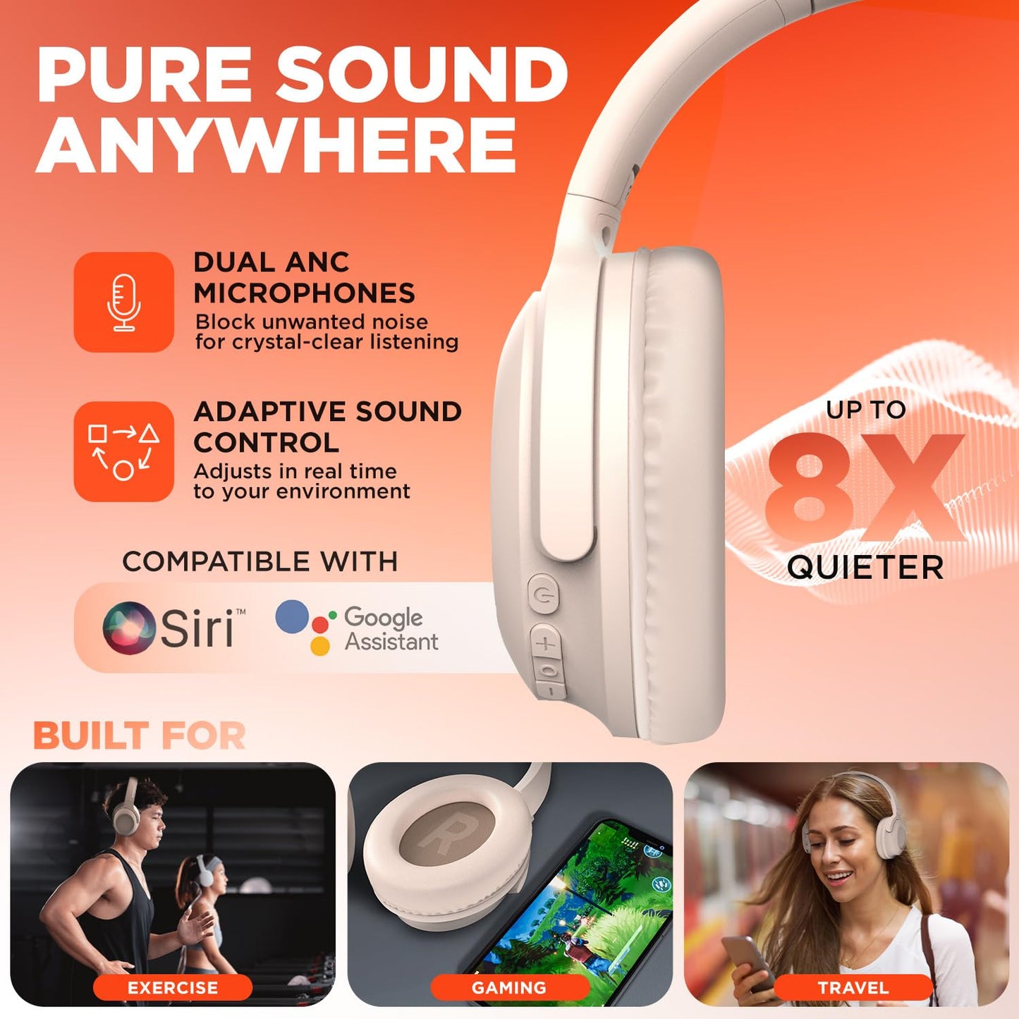 HyperGear Headphones Wireless - Bone Active Noise Cancelling Headphones Over Ear Bluetooth HD Audio Deep Bass Dual Noise Canceling Mics ANC Gym…