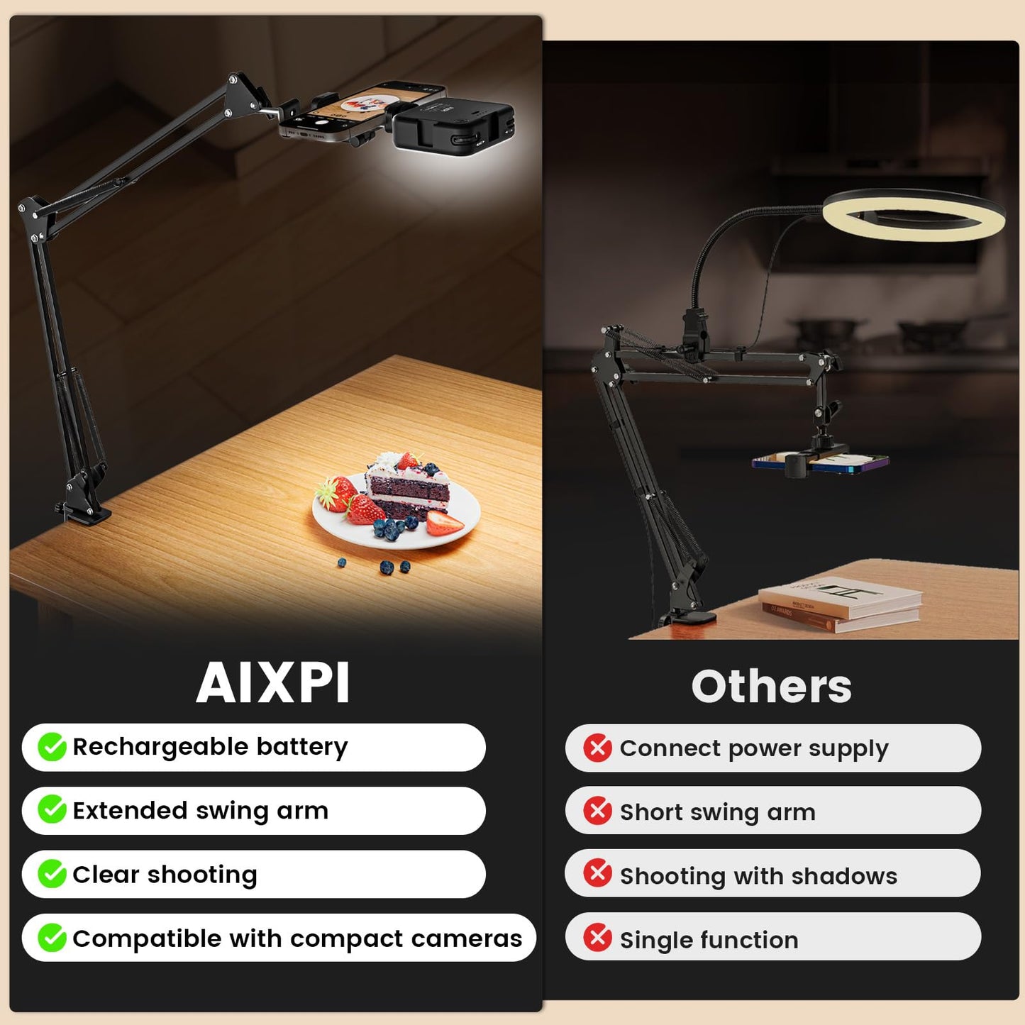 Overhead Phone Mount with LED Selfie Light and Bluetooth Remote, Rechargeable Ring Light Tripod Stand with Flexible Boom Arm, Desk Phone Holder