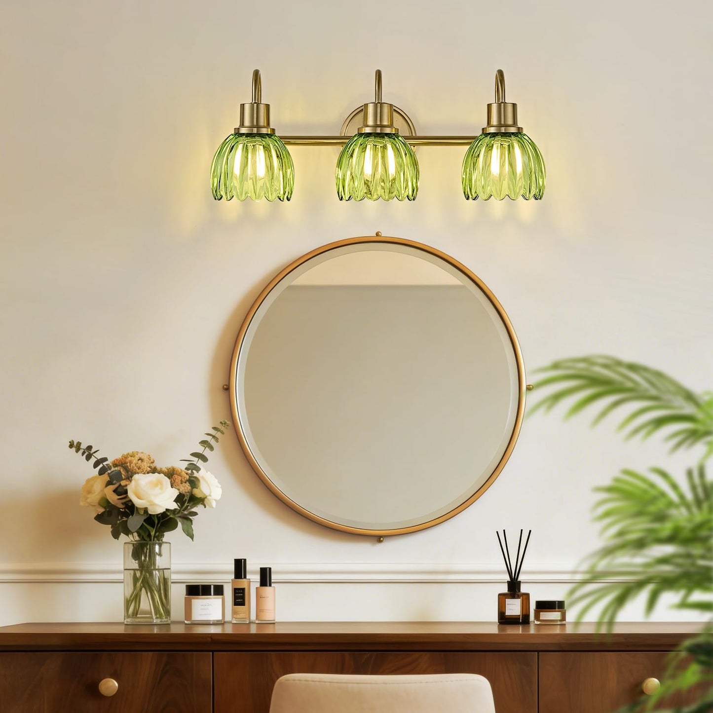Oktownn Gold Bathroom Light Fixtures, 20 Inch Vintage Vanity Lights for Bathroom, 3-Light Modern Vanity Lights with Ribbed Green Tulip Glass Shade