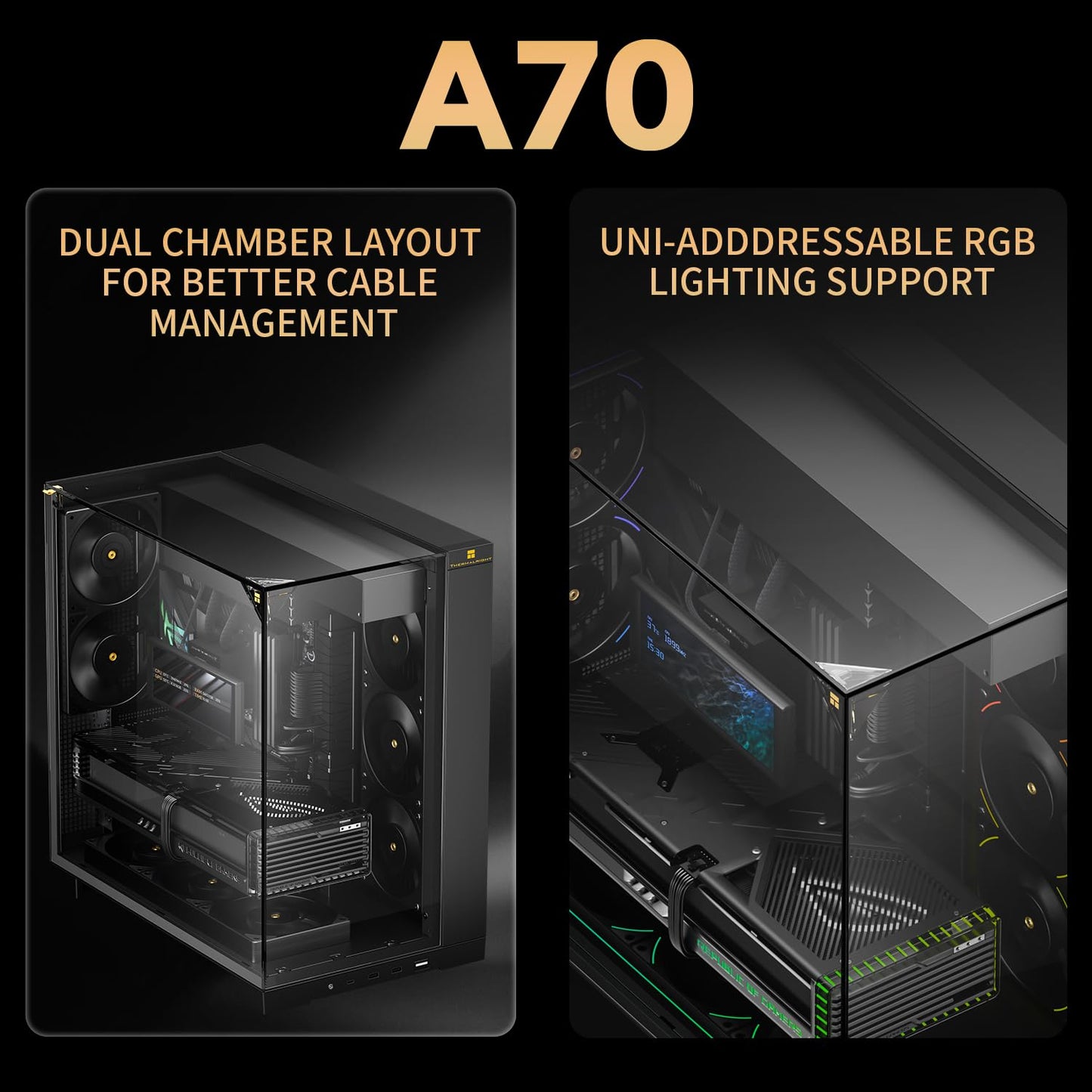 Thermalright A70ATX Gaming Case Three-Sided Pillar-Free Panoramic Glass Panel ?Type-C Port mid-Tower Computer case Tool-Free Quick-Release Vertical