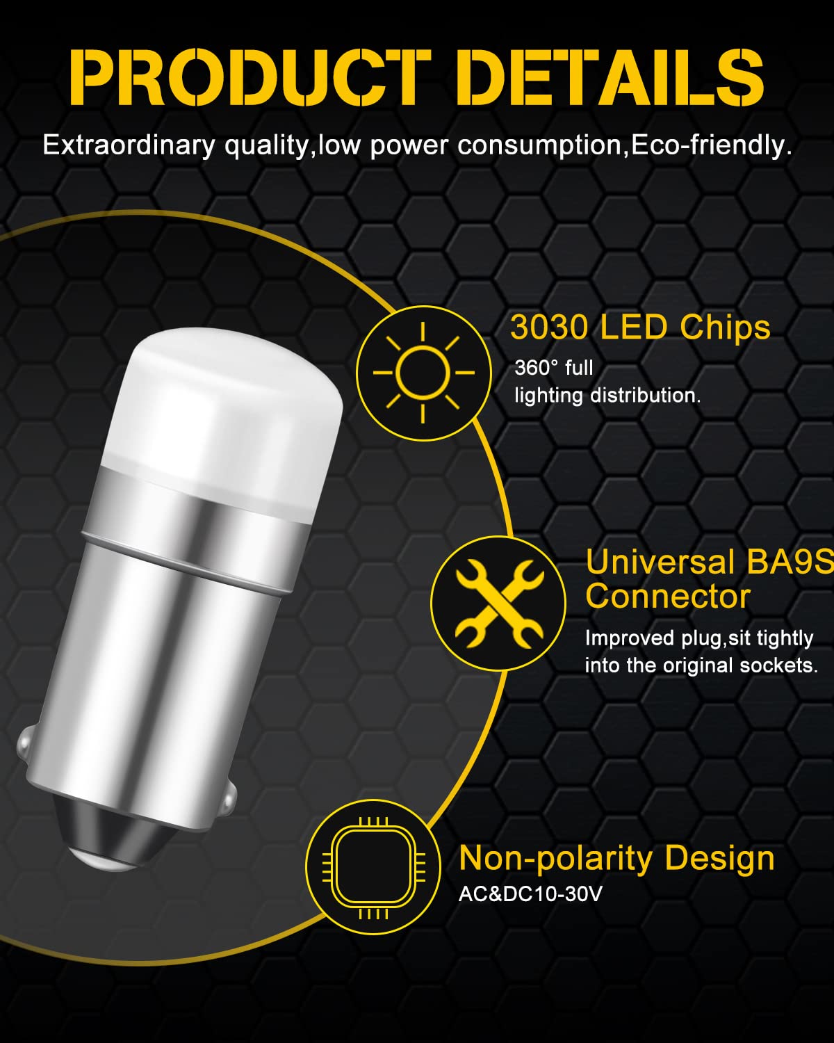 1893 313 1818 1819 1820 1895 BA9S Led Bulb AC/DC 10-30V Warm White-4Pack