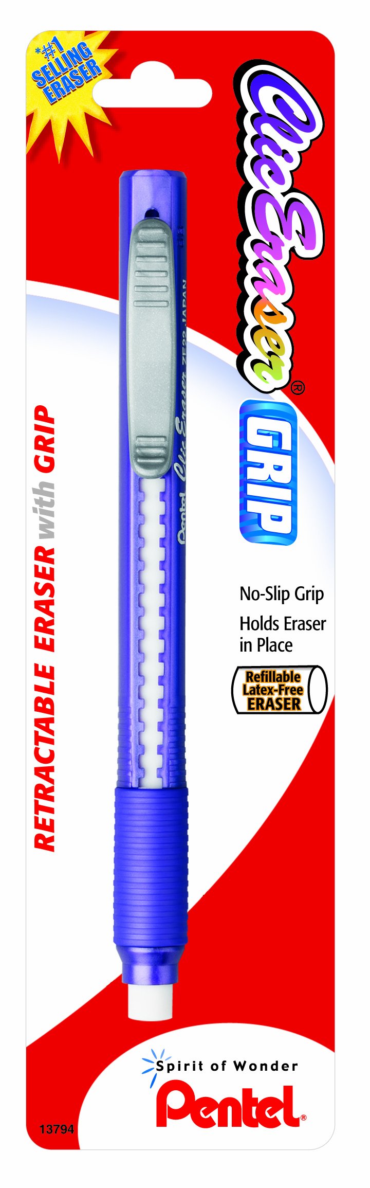 Pentel Clic Eraser Grip Retractable Eraser with Grip, Assorted Barrels, 1 Pack (ZE21TBP)