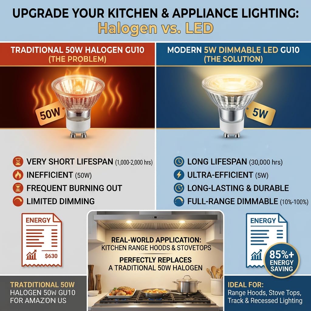 Waterproof 5W GU10 LED Range Hood Bulbs,Dimmable,Warm White 3000K,Indoor Lighting,Kitchen&Cooking Stove Light,Appliance Light Bulbs,Recessed Track