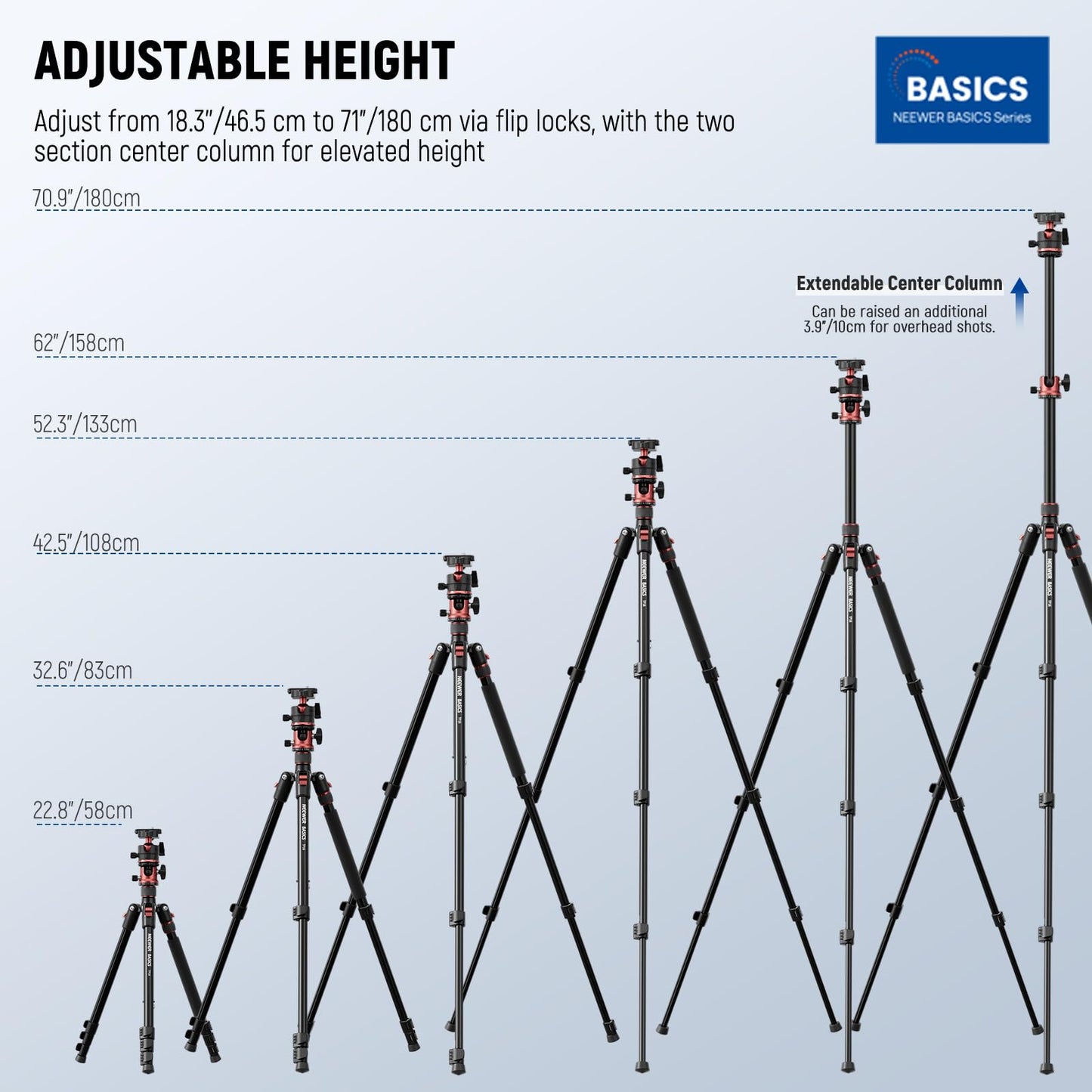 NEEWER Basics 70.9" Camera Tripod Monopod with Center Column & Ball Head, Quick Release Overhead DSLR Cell Phone Holder Stand Compatible with iPhone
