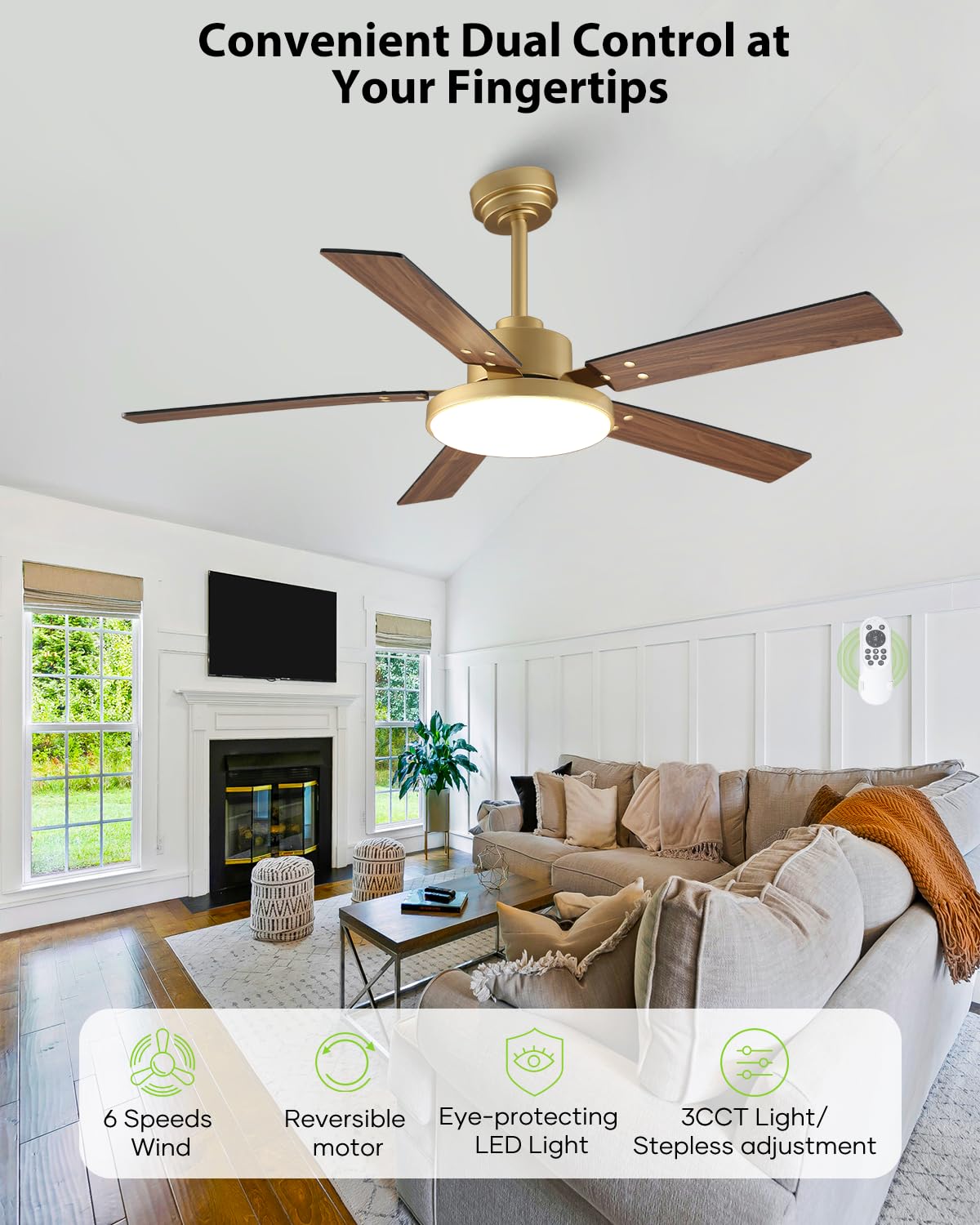 Vaczon 52 Inch Gold Ceiling Fans with Lights and Remote/APP, Modern Sleek