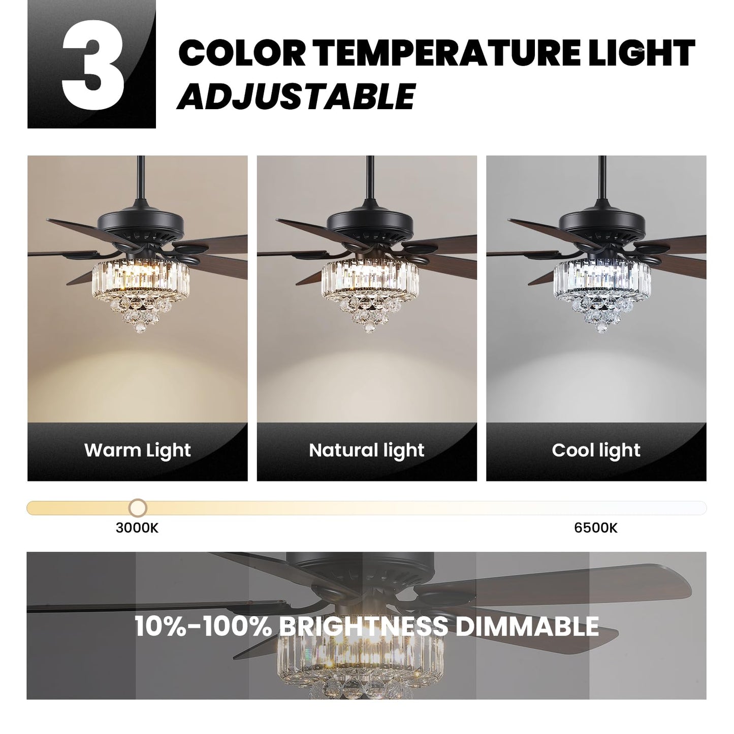 NOXARTE 52 Inch Crystal Ceiling Fan with Light, Modern LED Fandelier with Remote, Black Chandelier Fan Reverse Motor Wood Blades with 6 Speeds