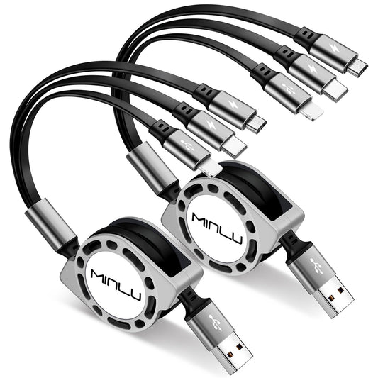 Multi Charging Cable 3A, [2Pack 4ft] Retractable Multi Charging Cord 3 in 1 Fast Charger Cord, USB C Charger Adapter with Lightning/Type C/Micro USB