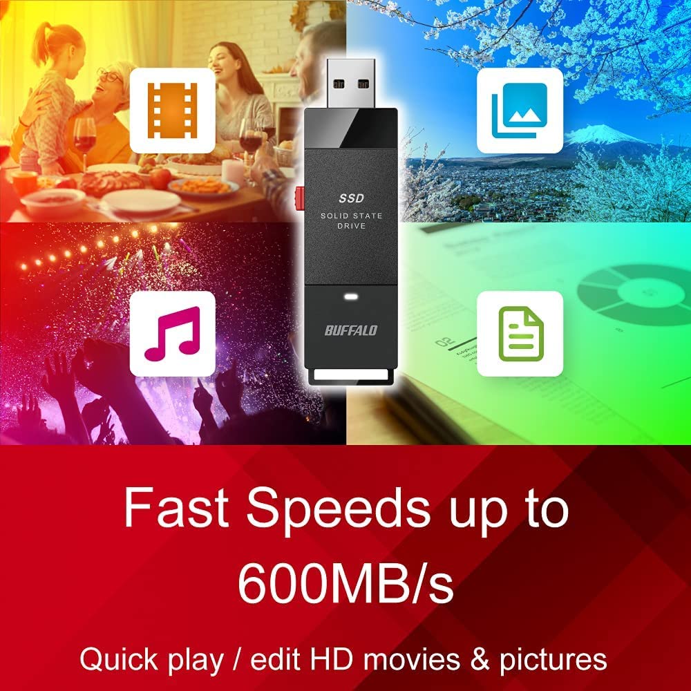BUFFALO External SSD 500GB - Up to 600MB/s - USB-C - USB-A - USB 3.2 Gen 2 (Compatible with PS4 / PS5 / Windows/Mac) - External Solid State Drive