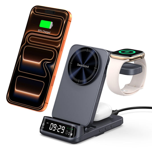 MagSafe Charger Stand with Dimmable Clock, Foldable 3 in 1 Magnetic Wireless Charging Station for iPhone Air/17/16/15 Series, Apple Watch & AirPods