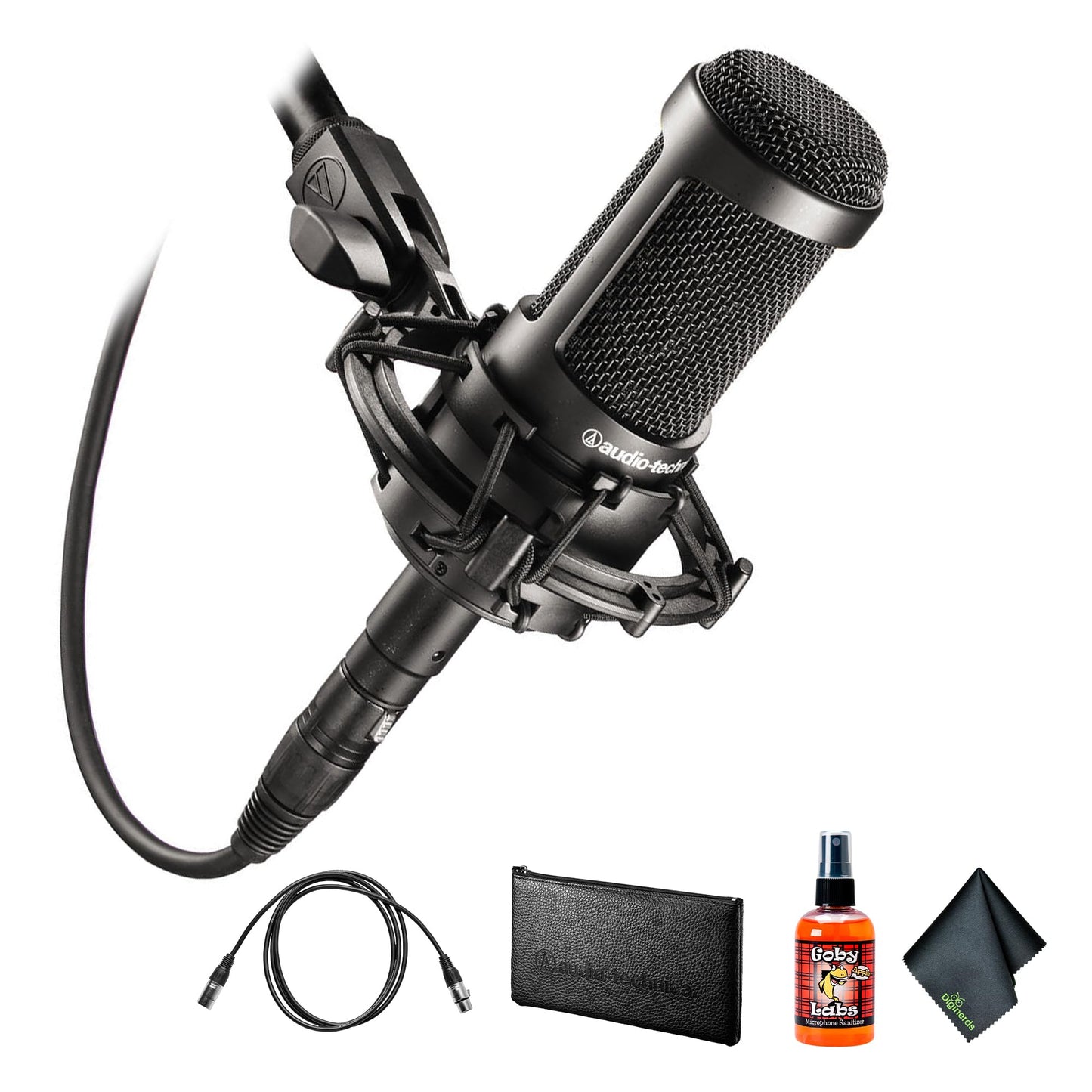 Audio-Technica AT2035 Cardioid Condenser Microphone, Black + Microfiber Cleaning Cloth + Goby Labs Microphone Cleaner + 10 Ft XLR Cable