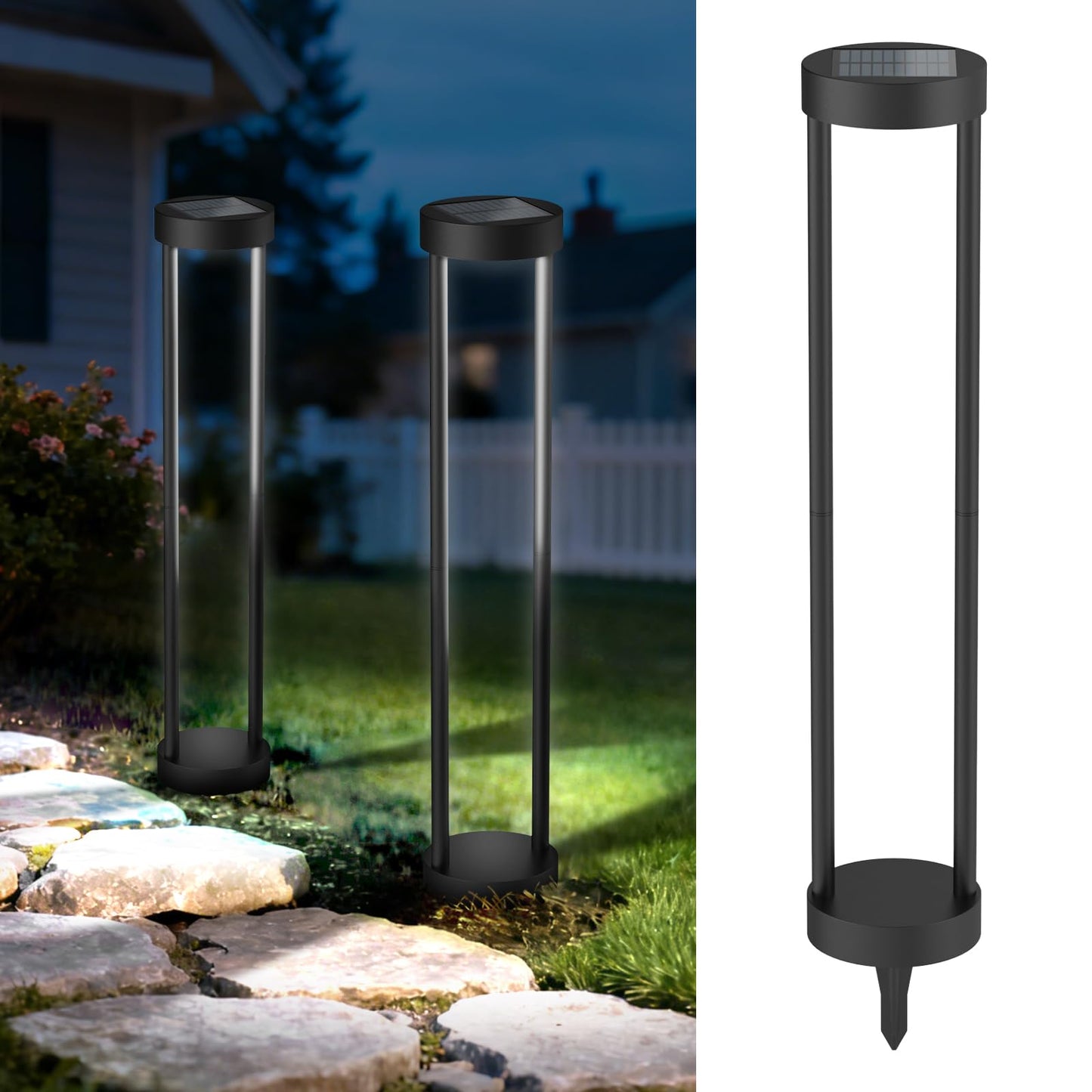 Solar Outdoor Floor Lamp, Modern Bollard Pathway Light, Stainless Steel & Iron Waterproof Garden Landscape Lighting for Yard Patio Walkway (24" H