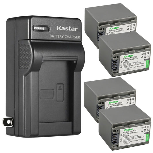 Kastar NP-FP90 / FP91 4-Pack Battery and AC Wall Charger Replacement for Sony DCR-HC44, DCR-HC46, DCR-HC65, DCR-HC85, DCR-HC94, DCR-HC96, DCR-SR30