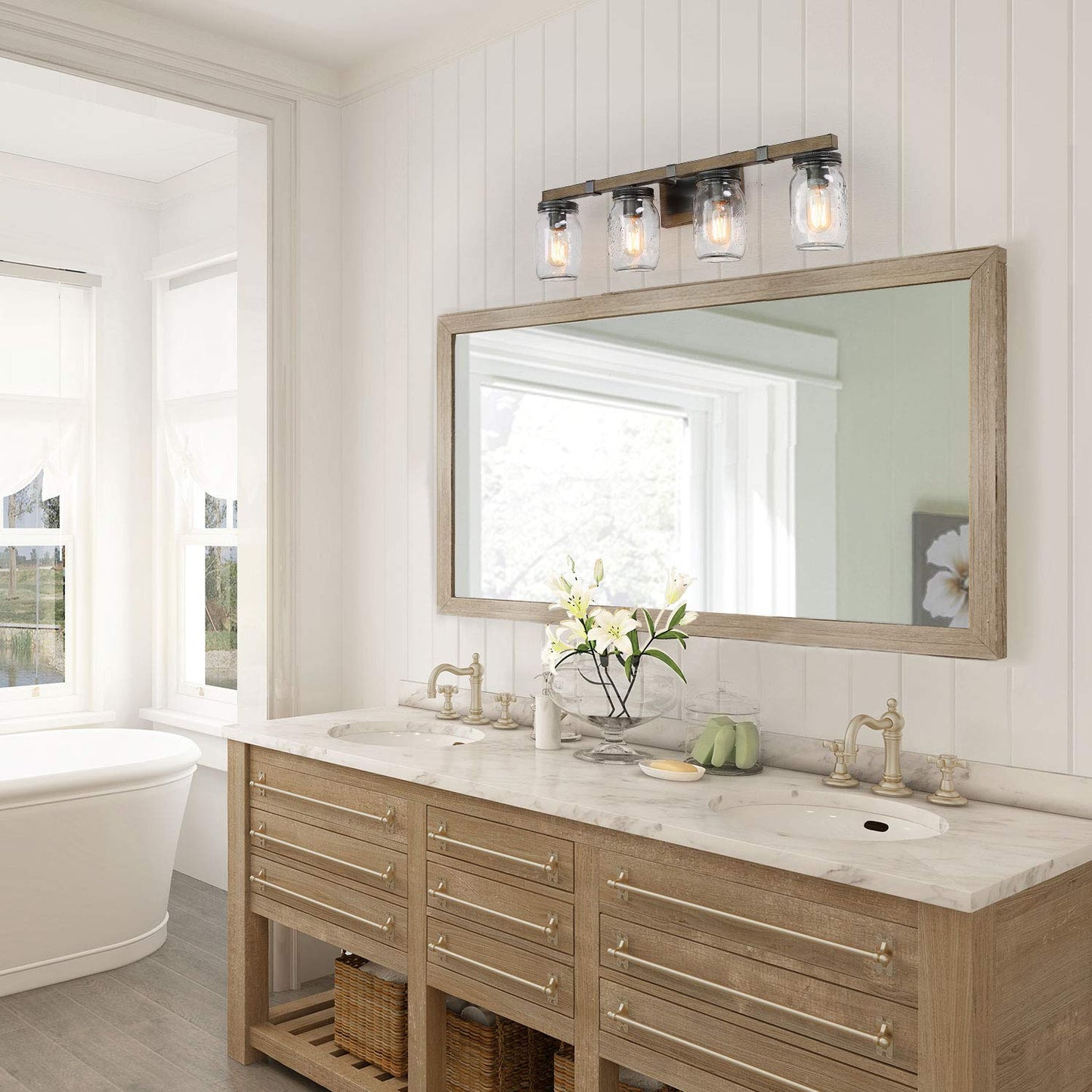 LOG BARN Rustic Bathroom Vanity Light with Mason Jar Glass, Farmhouse 4-Light Sconces Wall Lighting, Faux-Wood Finish, 29 inches