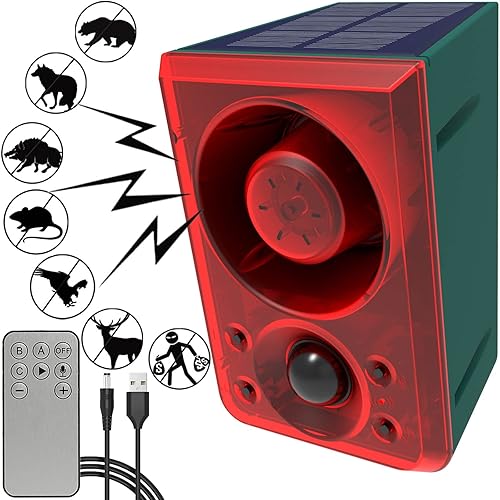 Solar Outdoor Motion Sensor Alarm - Dog Barking & Gunshot Sound 130db Motion Detector Alarm Light,with Remote Controller for Home, Villa,Yard,Chicken