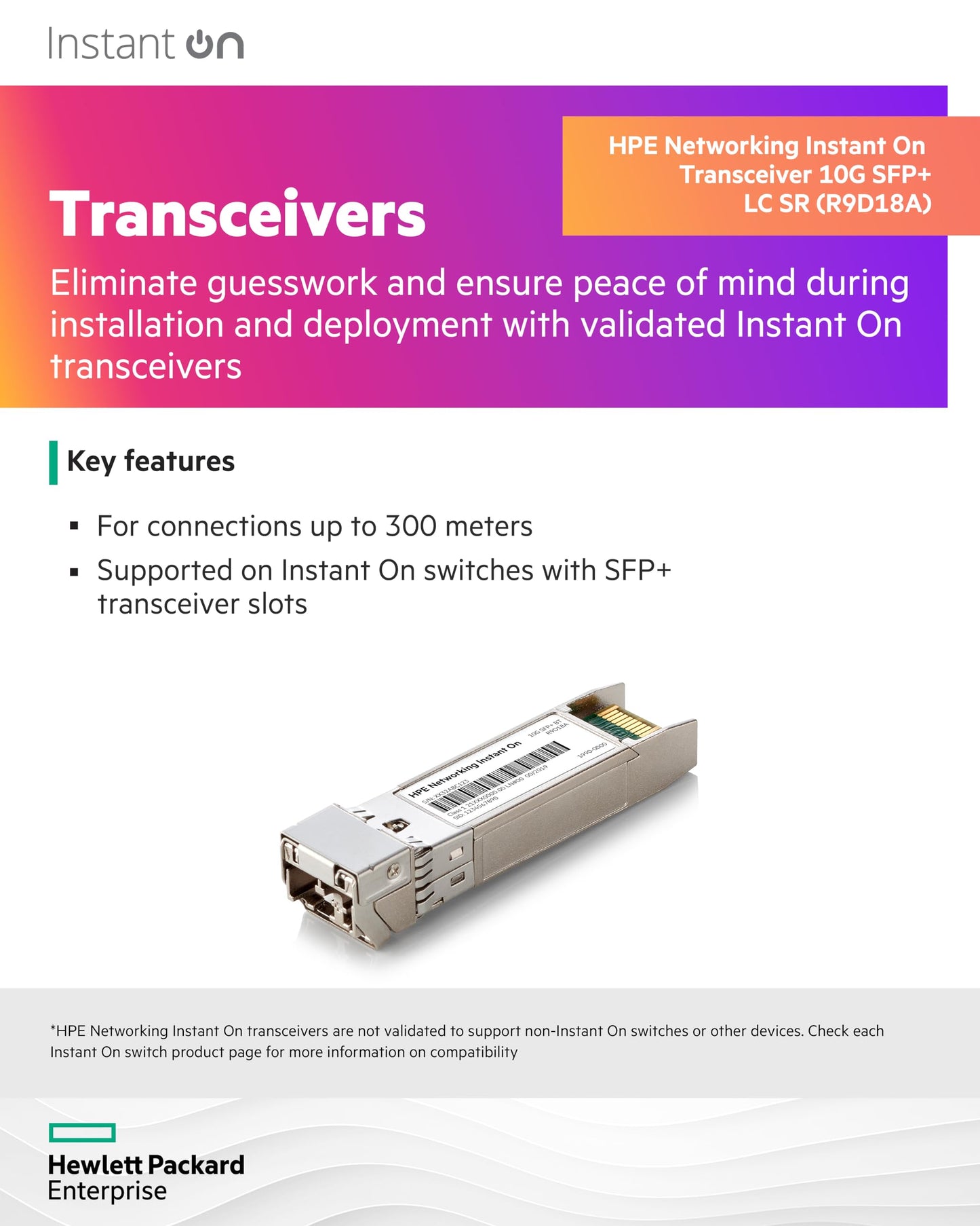 HPE Networking Instant On 10G SFP+ LC SR Transceiver for Connections Up to 300 Meters (R9D18A)