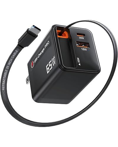 Ulti Charge Pro 65W USB C Charger with 25 Inch Retractable USB C Cable, Dual C/A Ports, Foldable Plug Travel Adapter for iPhone Galaxy Pixel iPad