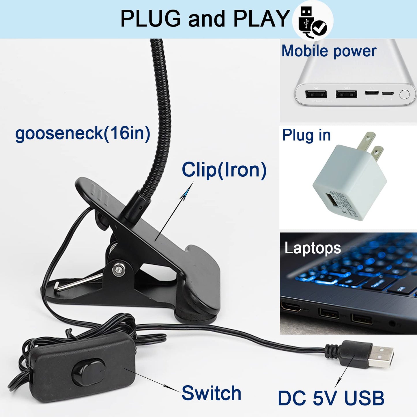 UV LED Black Light Clamp Light with USB, Upgraded 5W 395nm Portable Gooseneck Lamp with Clip for Gel Nail, Pet Urine Detection, UV Glue Curing