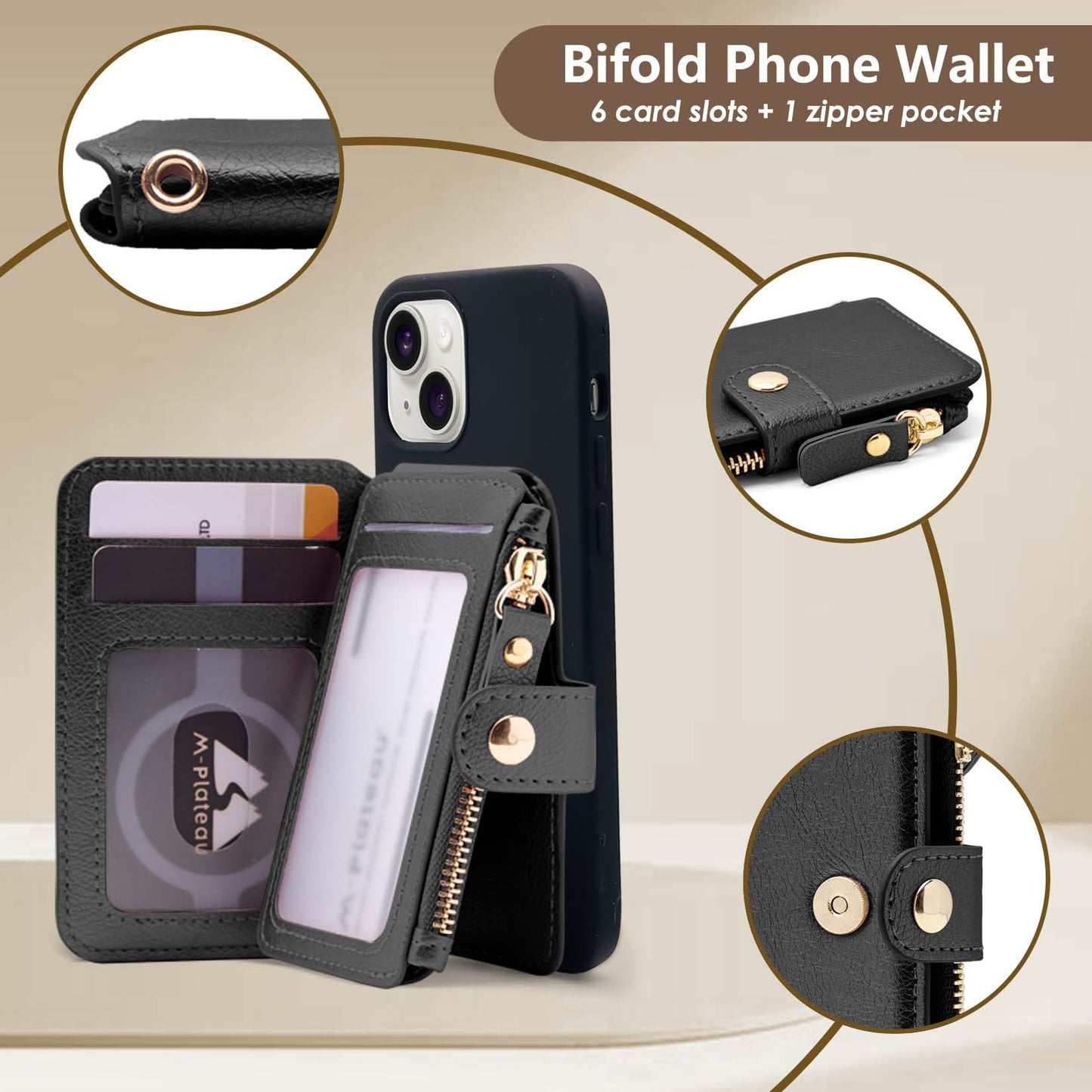 M-Plateau Small Wallet for Women Large Capacity with ID Window, Phone Wallet with Adhesive Card Holder for Phone Case (Compatible with Most