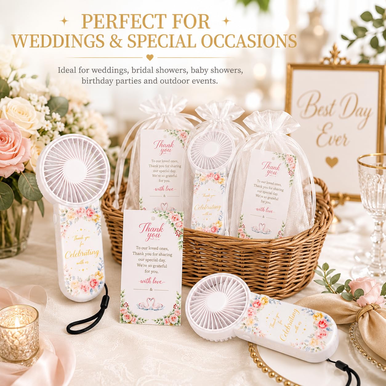 QORBVYNEIX 36 Set Wedding for Guests Bulk,Portable Mini Handheld Fans with Cards & Bags for Bridal Shower,Birthday Party,Summer Outdoor Favors