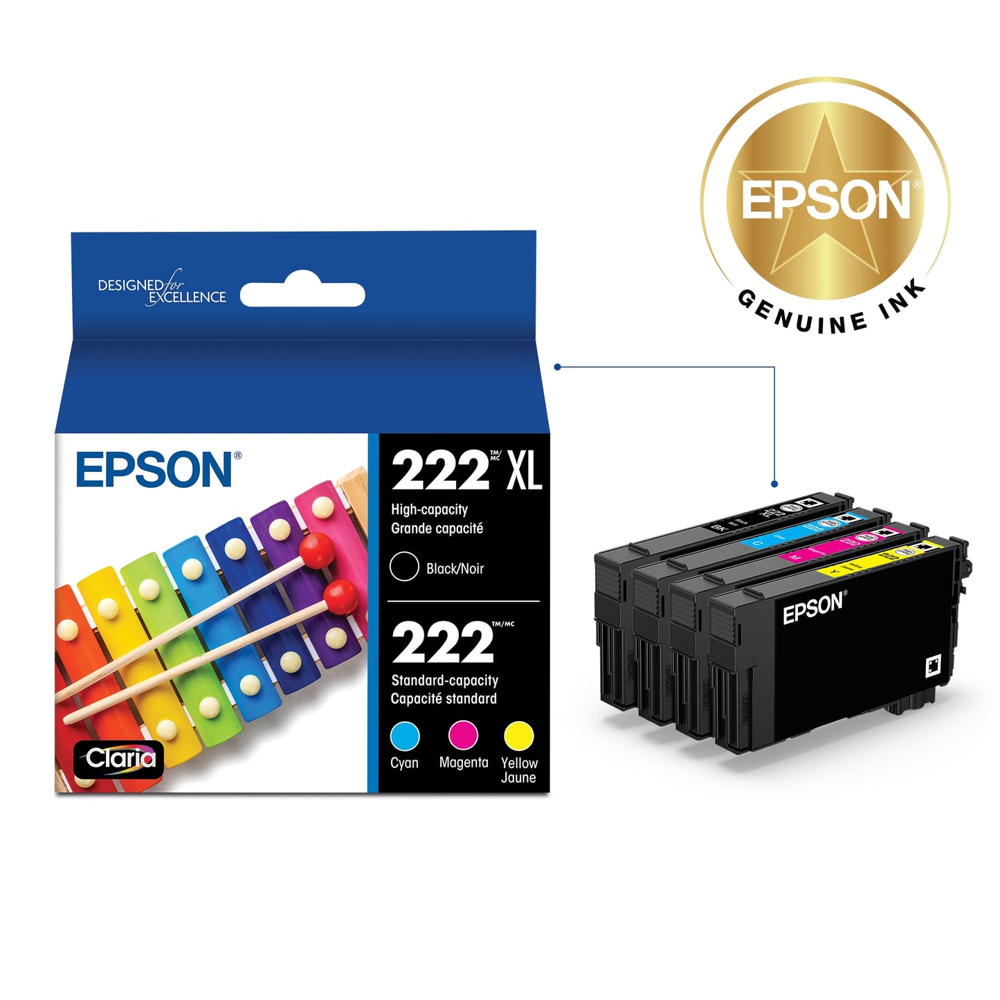 EPSON 222 Claria Ink High Capacity Black & Standard Color (Cyan/Magenta/Yellow) Cartridge Combo Pack (T222XL-BCS) Works with WorkForce WF-2960