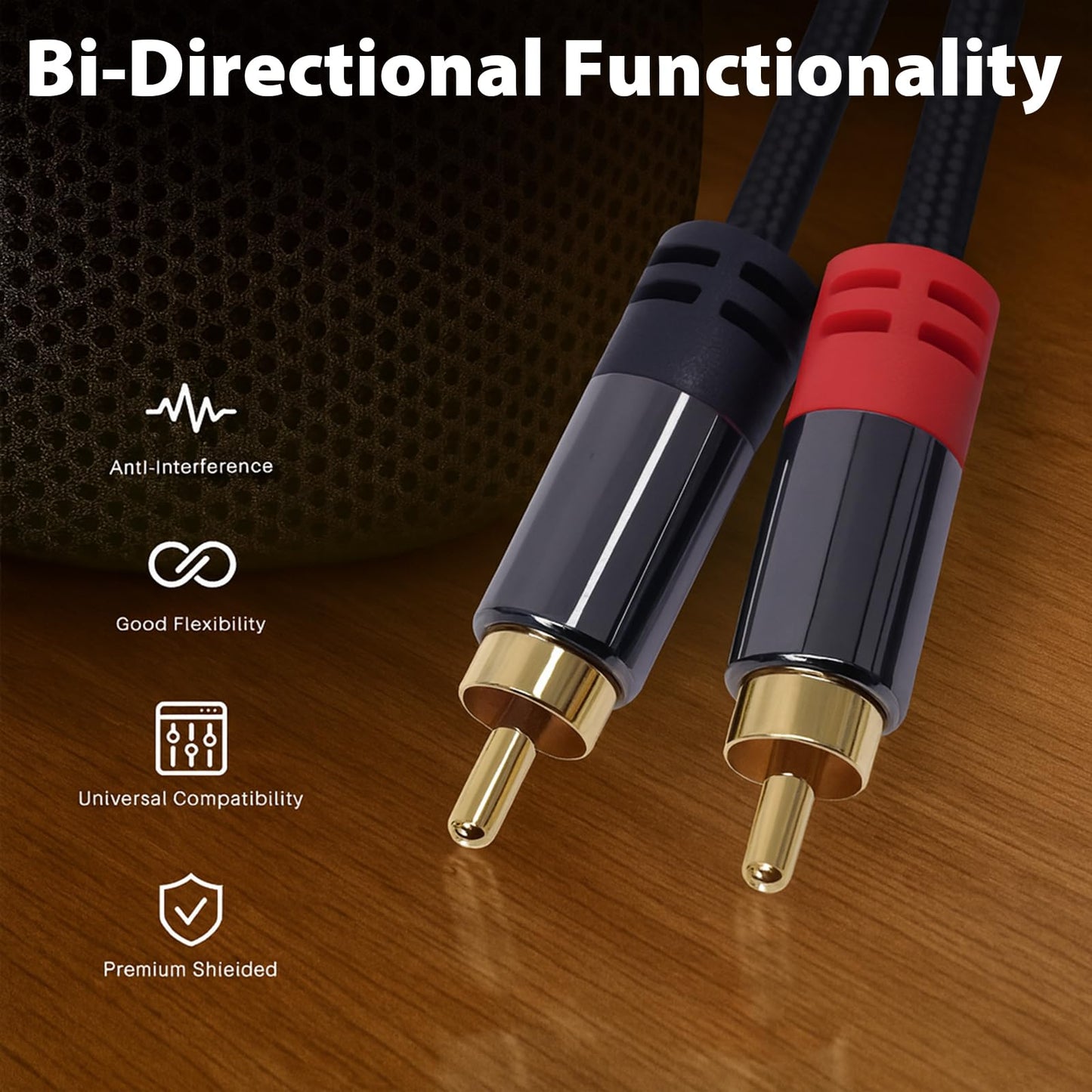 Cyberguys! RCA Audio Cable, 2RCA to 2 RCA Cables Car Audio Male to Male, Shielded Cables with Braided Jacket and Gold-Plated Connectors - for Home