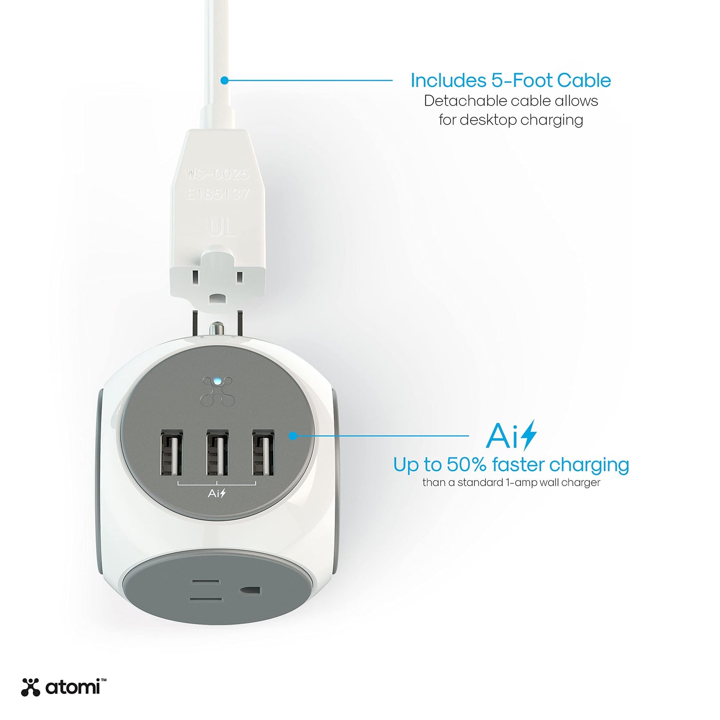 Atomi Power Cube 2-Pack - 3AC Outlets + 3 Smart USB Ports + 5-ft. Cable