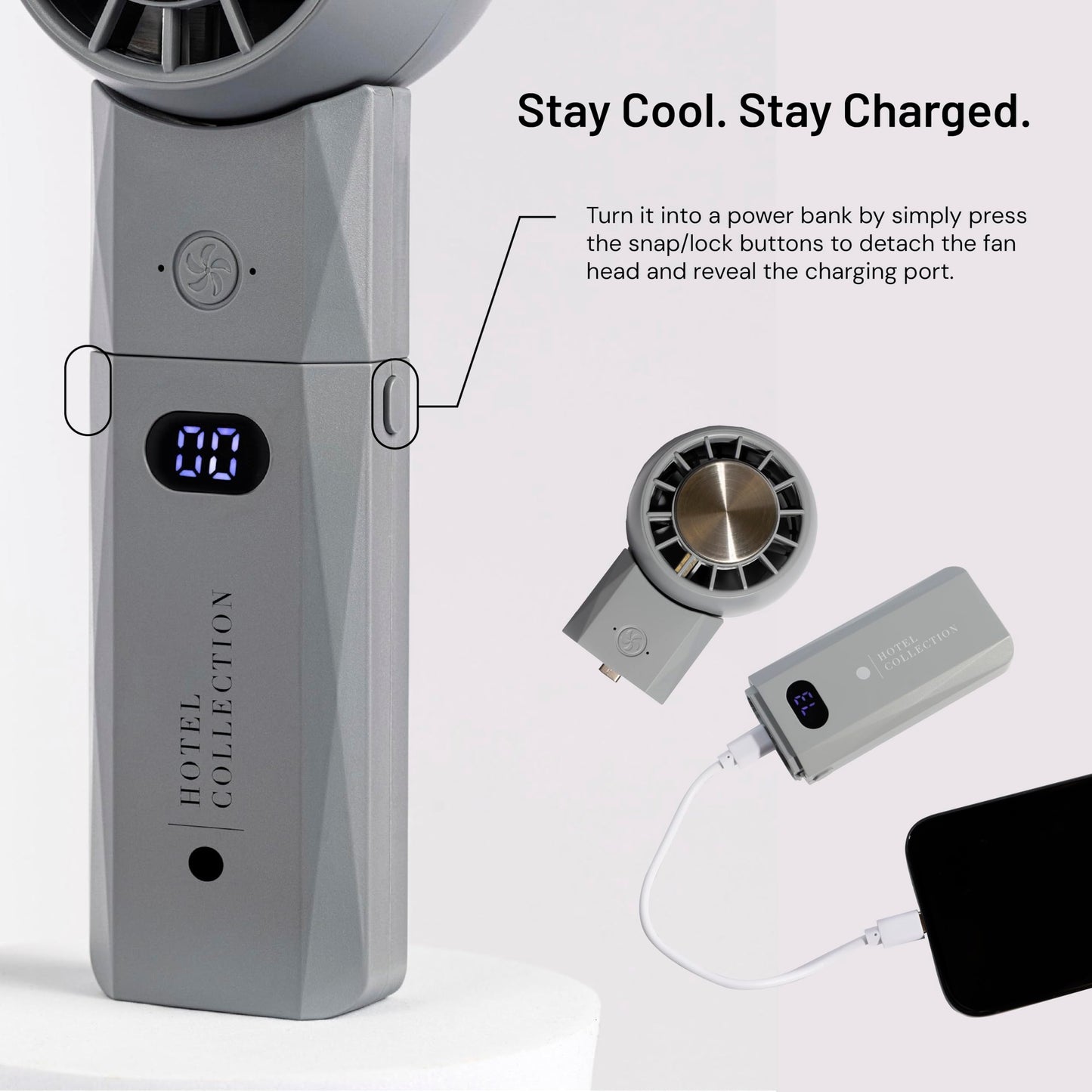 Hotel Collection - Breeze-Pro Handheld Mini Personal Fan, 2-in-1 USB Rechargeable Pocket Device with Power Bank, Portable for Travel, Summer