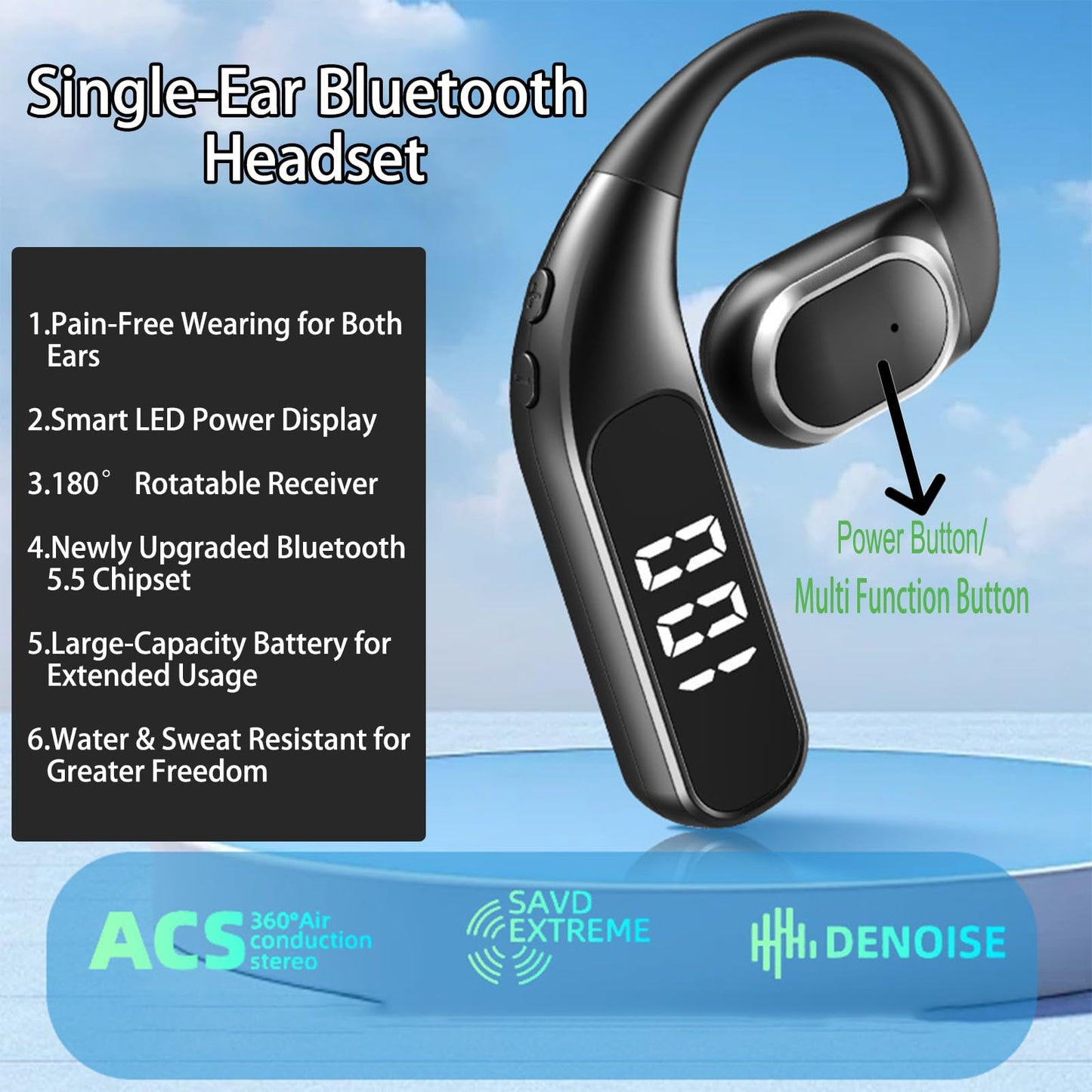 FJHBL Single-Ear Bluetooth Headset with Bluetooth 5.5, ENC Noise Cancellation, HiFi Sound Quality, and 360° ACS Panoramic Audio. Compatible with Both