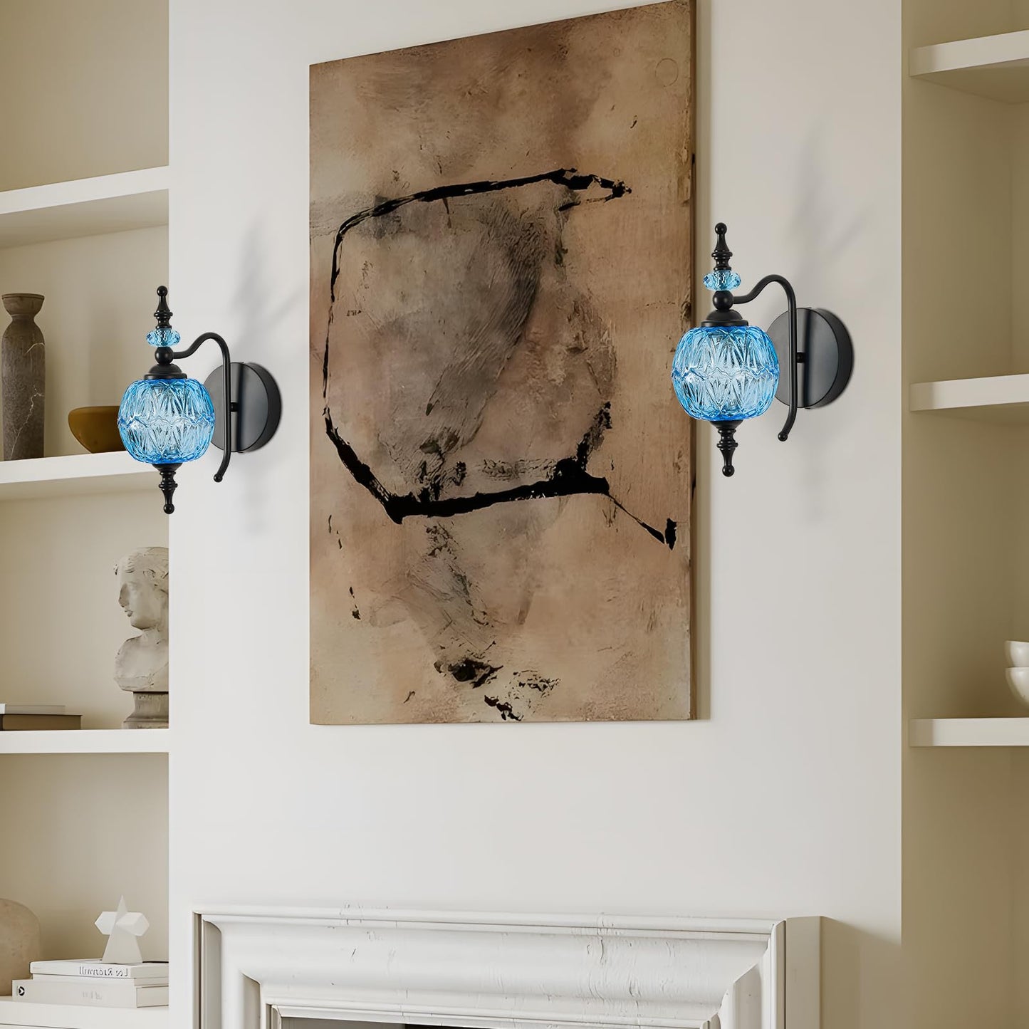TLOLGT Vintage Wall Sconces with Black Finish Bathroom Blue Wall Light Fixtures with Crystal Glass Shade for Bedroom Living Room Kitchen Hallway