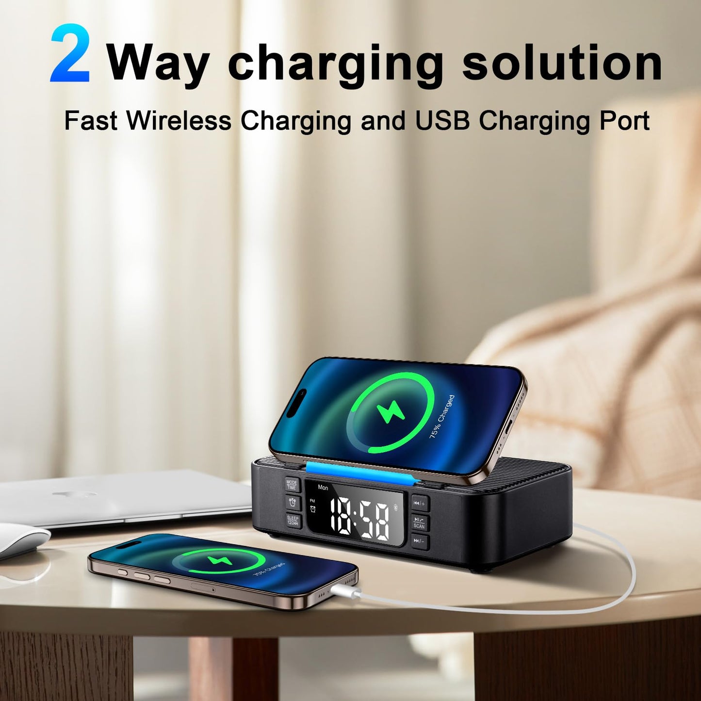 DPNAO 9-in-1 Wireless Charging Station with Bluetooth Speaker, Alarm Clock, FM Radio, Night Light - Compatible iPhone 17/16/15/SamsungS25/S24/Android