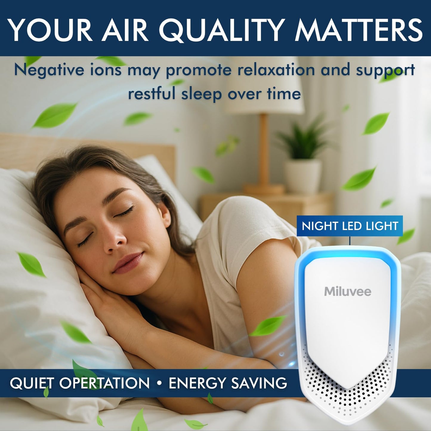 Miluvee Premium Plug In Air Purifier (2 Pack), Negative Ion Technology for Bedroom, Bathroom, Kitchen & Office | Quiet & Compact Home Air Cleaner