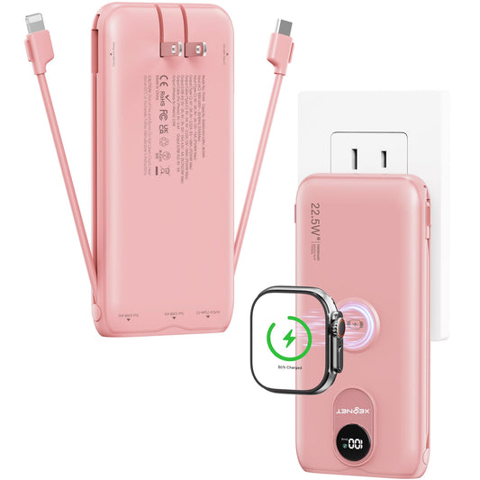 Portable Charger, 10000mAh 22.5W Power Bank Fast Charging with Wall Plug, Built-in Cables, LED Display, Compact Lightweight USB C Travel Battery Pack