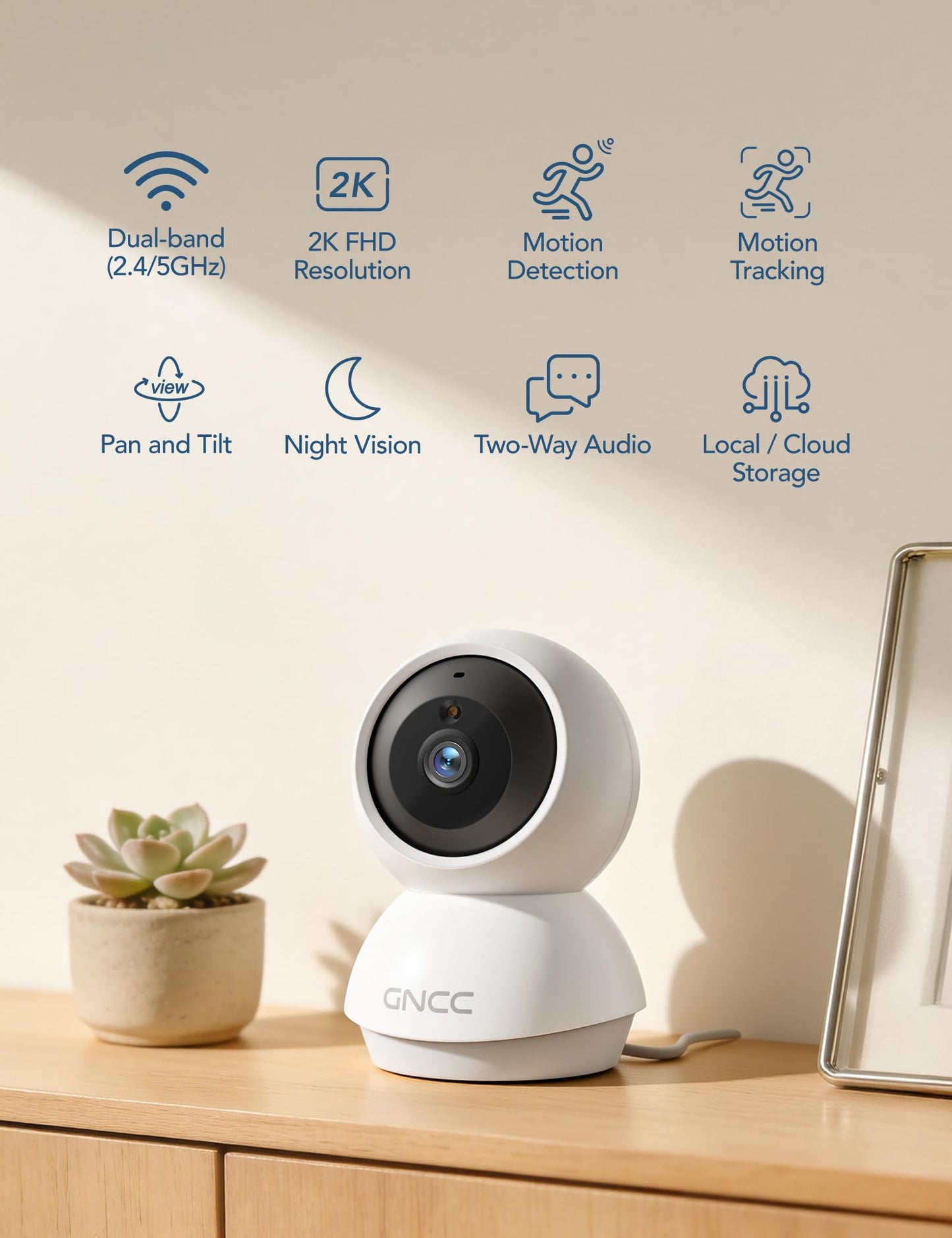 GNCC 2K WiFi Cameras for Home Security, Security Camera Indoor, Baby/Pet Camera with Phone App, 2.4/5GHz, Motion Detector, Night Vision, 2-Way Audio