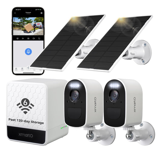 xmartO 4MP QHD WiFi6 Dual-Band Wireless Solar-Powered Indoor & Outdoor Home Security Camera System (Long Range WiFi, Free 64GB Loop Storage, No