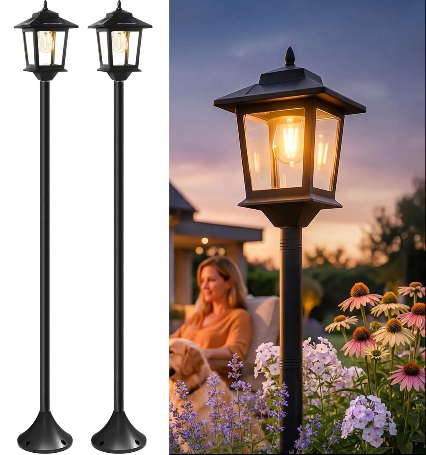 PASAMIC Outdoor Solar Post Lights, 2-Pack 63" Dusk to Dawn Solar Lamp Posts, Waterproof Floor Lamps, Warm White Pole Lights for Patio with Replaceable