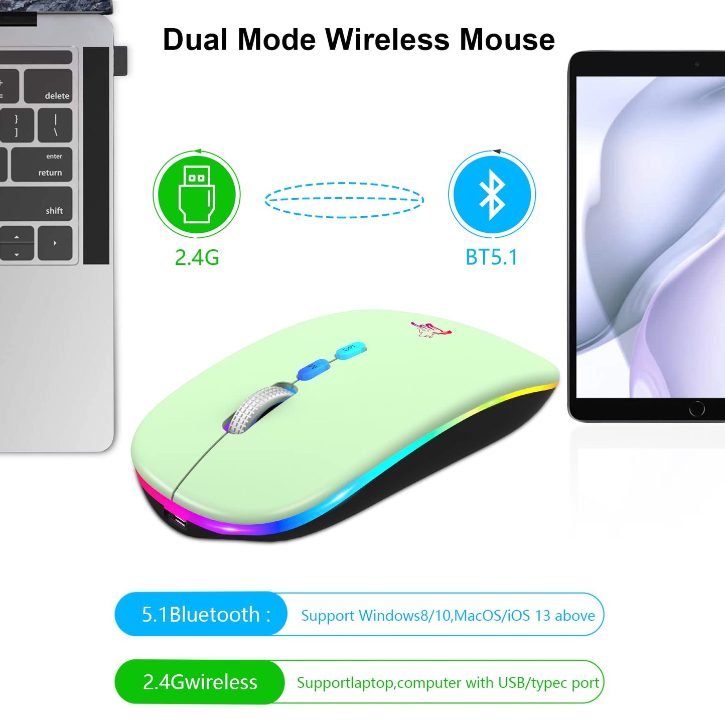 HOTLIFE LED Wireless Mouse, Slim Rechargeable Silent Portable USB Optical 2.4G Wireless Bluetooth Two Mode Computer Mice with USB Receiver and Type C