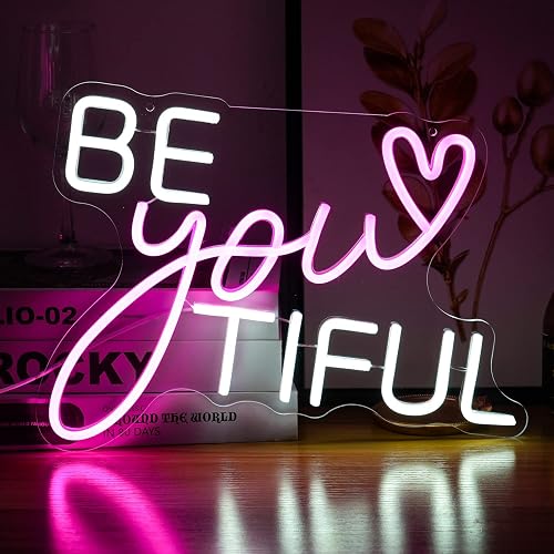 Be Your Tiful Neon Sign Dimmable Letter Neon Signs White Pink Wall Decorative Lights Powered USB with Switch for Bedroom Kid Room Shop Apartment