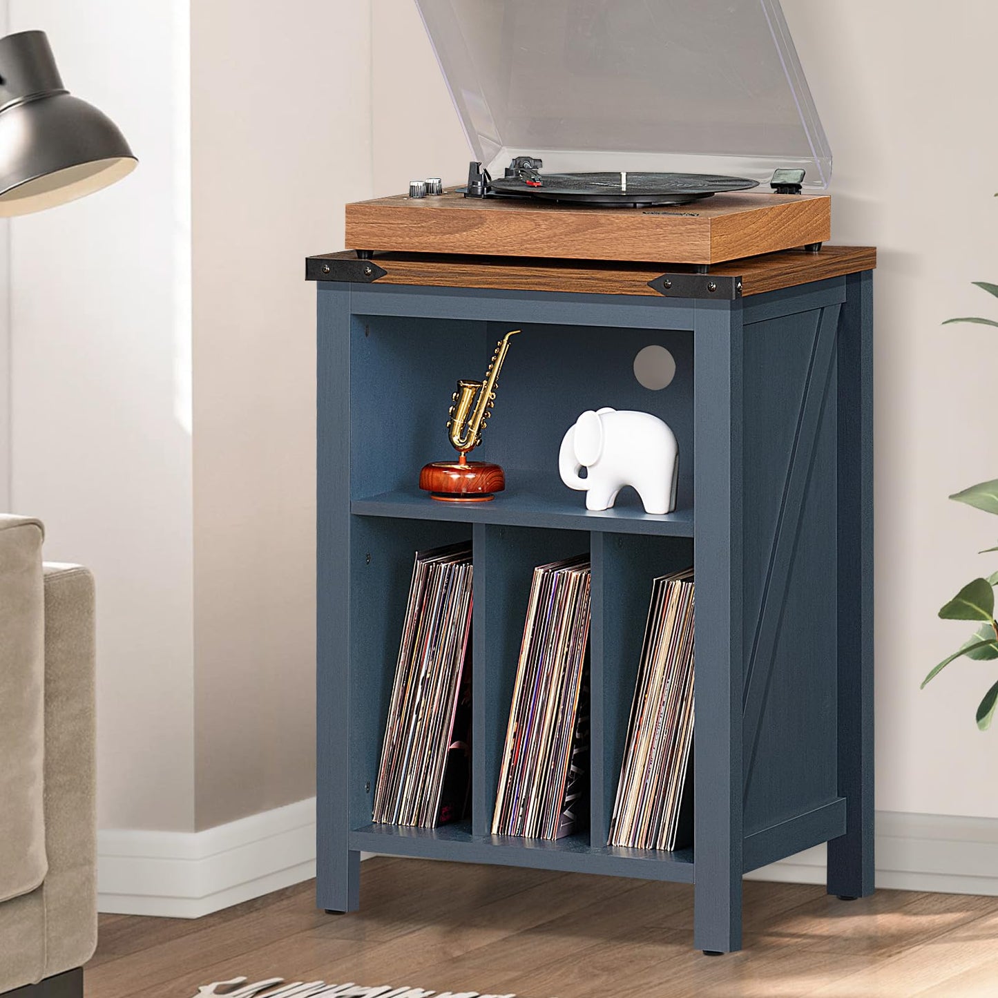 Joaxswe Record Player Stand with Vinyl Record Storage,Navy Blue Record Player Table Holds up to 160 Albums,Large Wood Turntable Stand Cabinet Dispaly