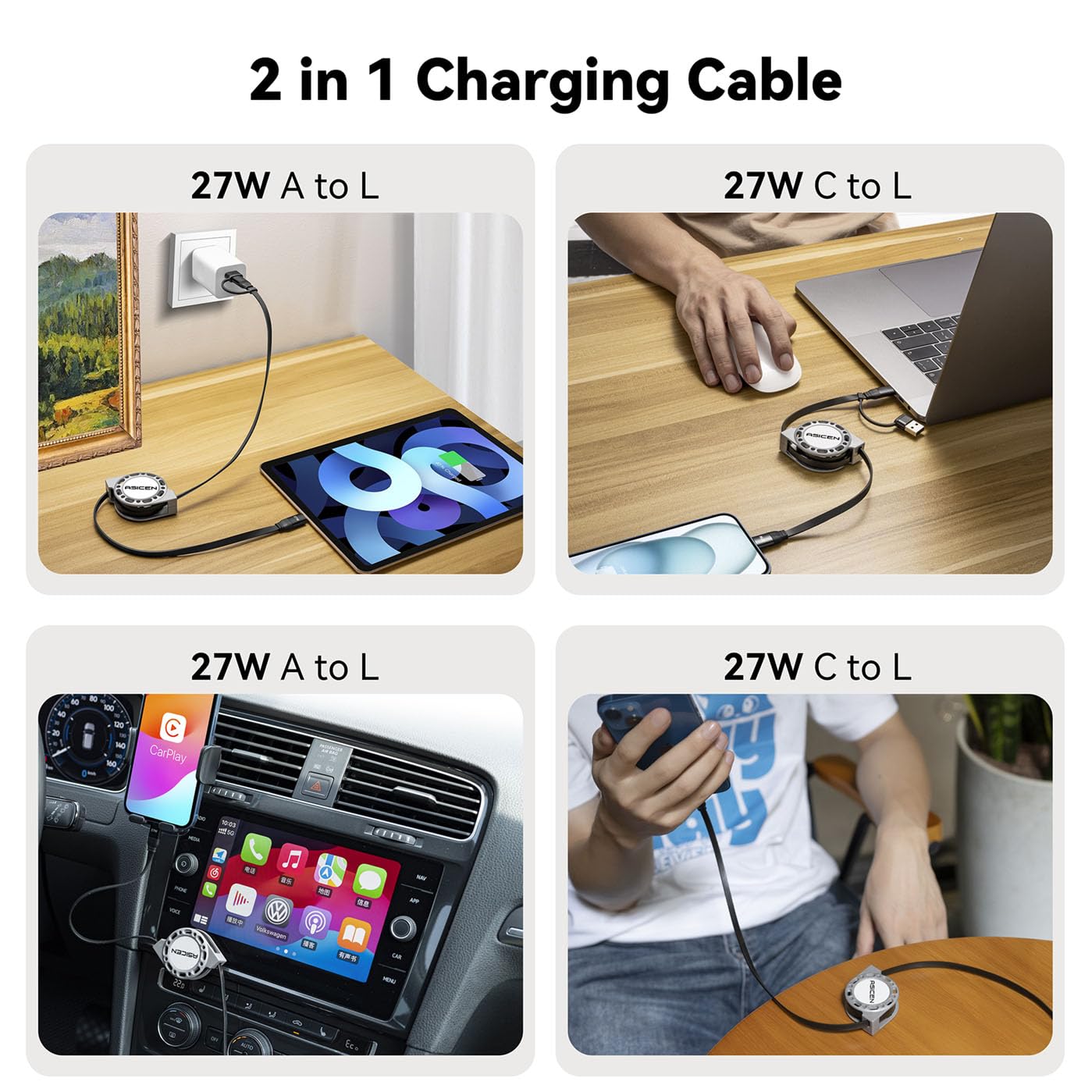 3-in-1 Retractable Charging Cable USB C Lightning Adapter USB A/C to Lightning Cable 27W PD [Fast Charging & Data Sync] Multiple Charger for iPhone…