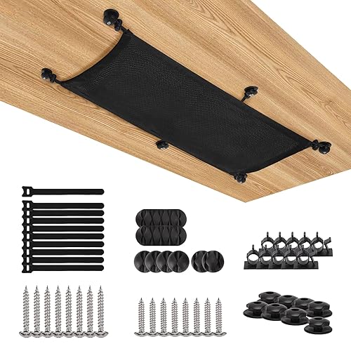 WurdeWindig Cable Management Net, Black Cable Manager Kit,Flexible Under Desk Mesh, Extra Large Capacity Cable Organization,Hide Cables for Desktop